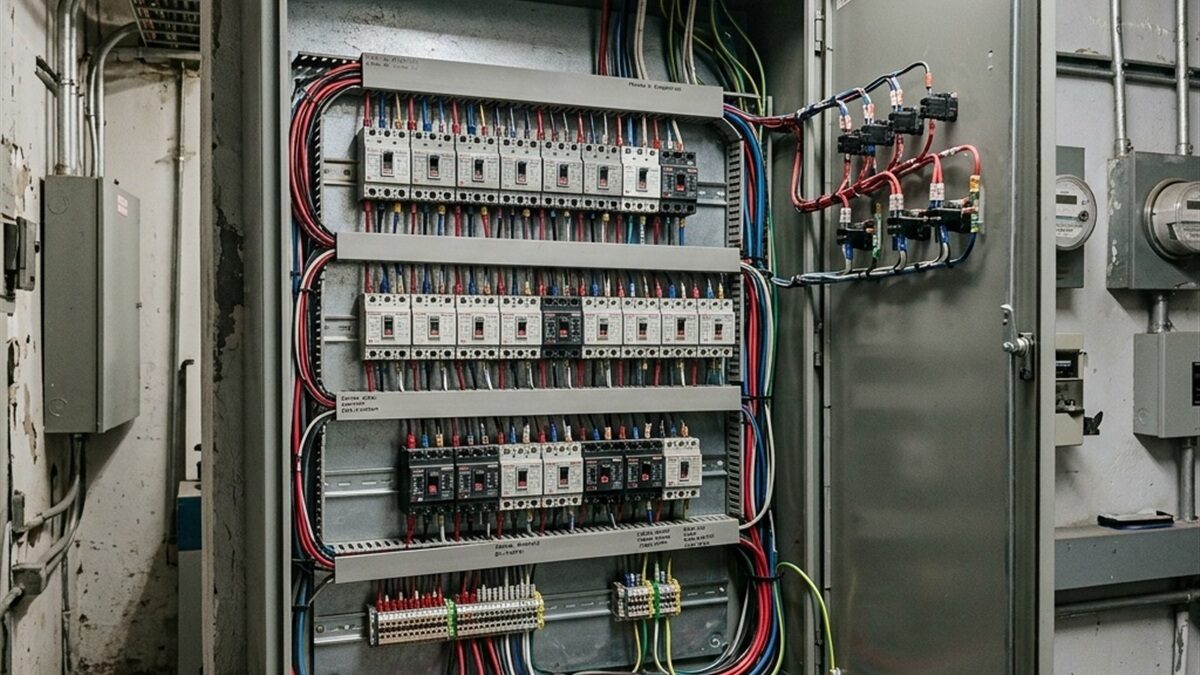 Tablero eléctrico industrial siendo revisado durante una verificación.