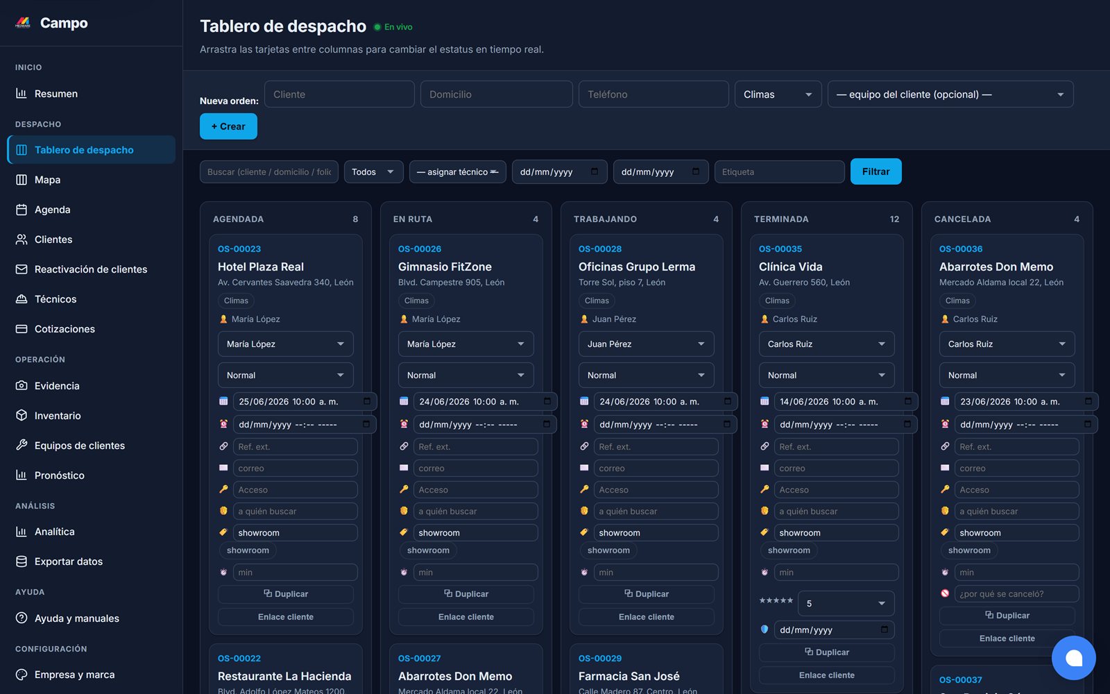 Tablero de despacho de órdenes de servicio de Medware FieldOps en Monterrey