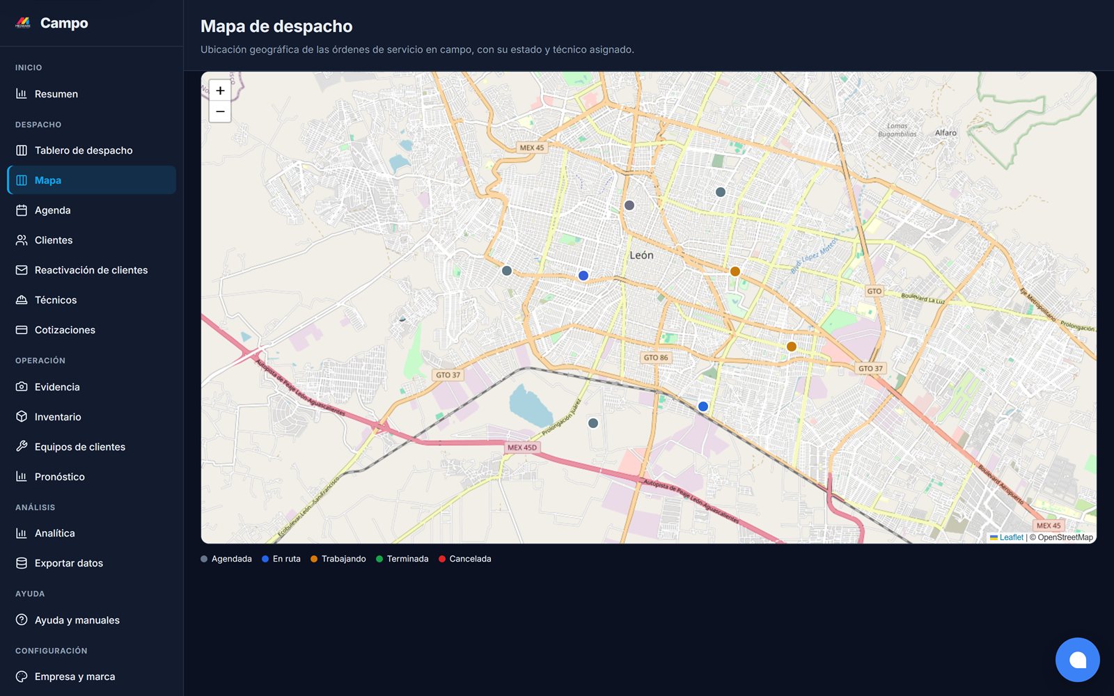 Mapa de órdenes y técnicos asignados en Medware FieldOps para la Ciudad de México