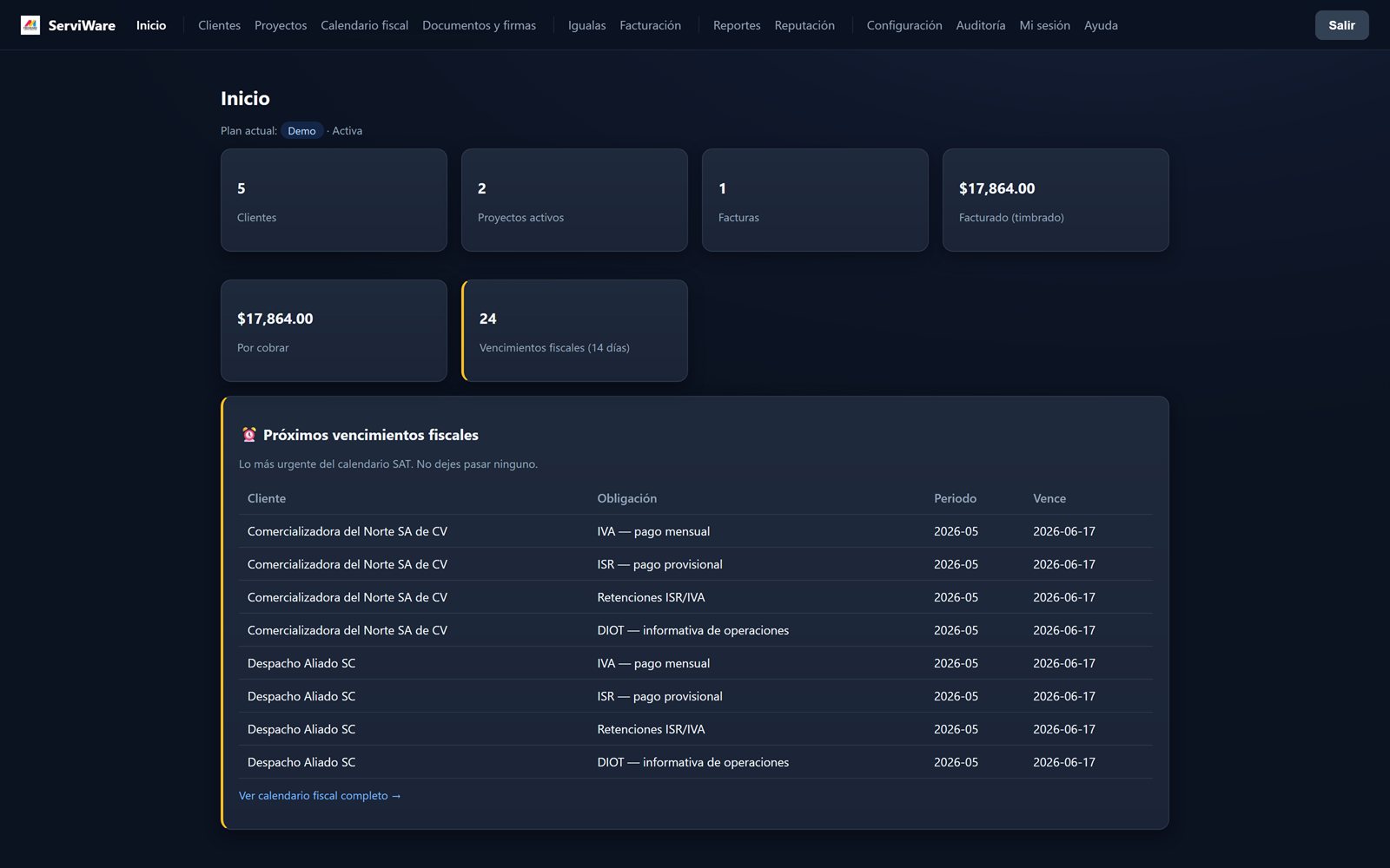 Tablero de inicio de ServiWare con el calendario fiscal SAT para despachos en CDMX