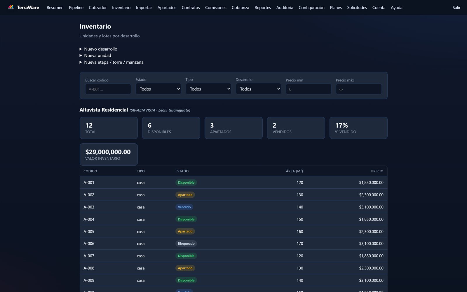 Inventario de unidades por desarrollo en TerraWare, software para inmobiliarias en Cancún