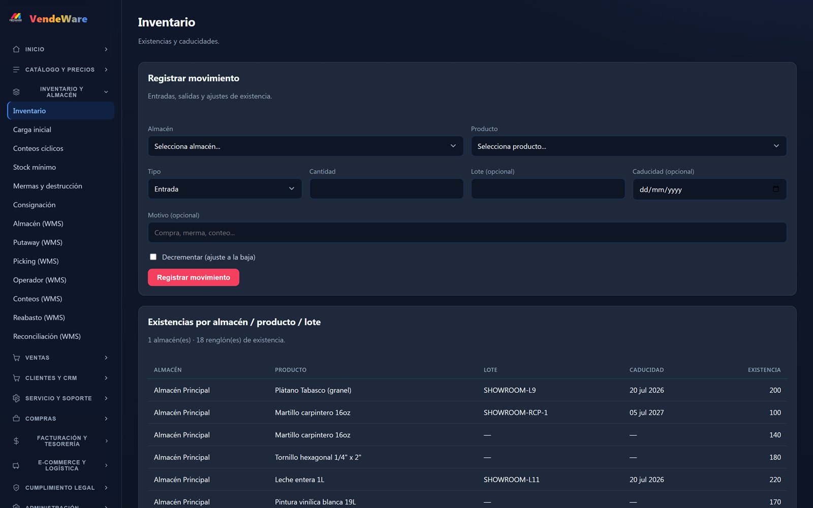 Control de inventario multisucursal de VendeWare en CDMX