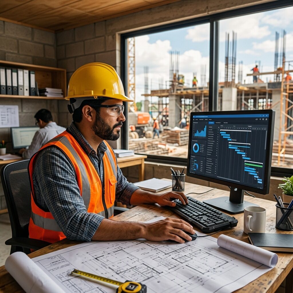 Residente de obra revisando el avance y los papeles de la construcción desde la oficina de campo.