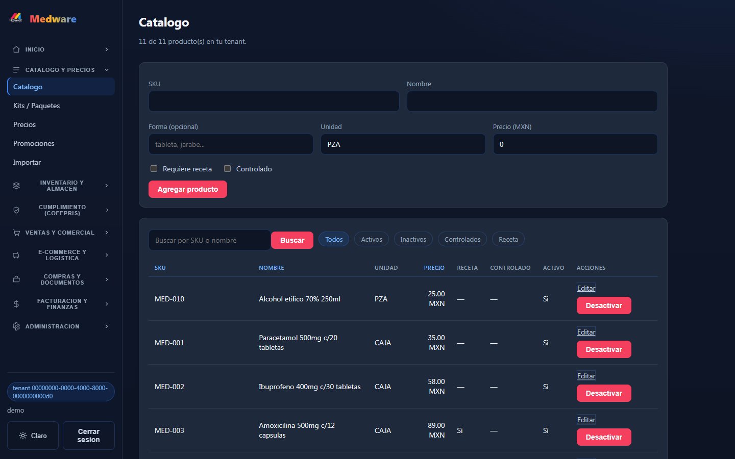 Tablero de Medware ERP para farmacias: ventas, inventario, lotes por caducar y cumplimiento COFEPRIS