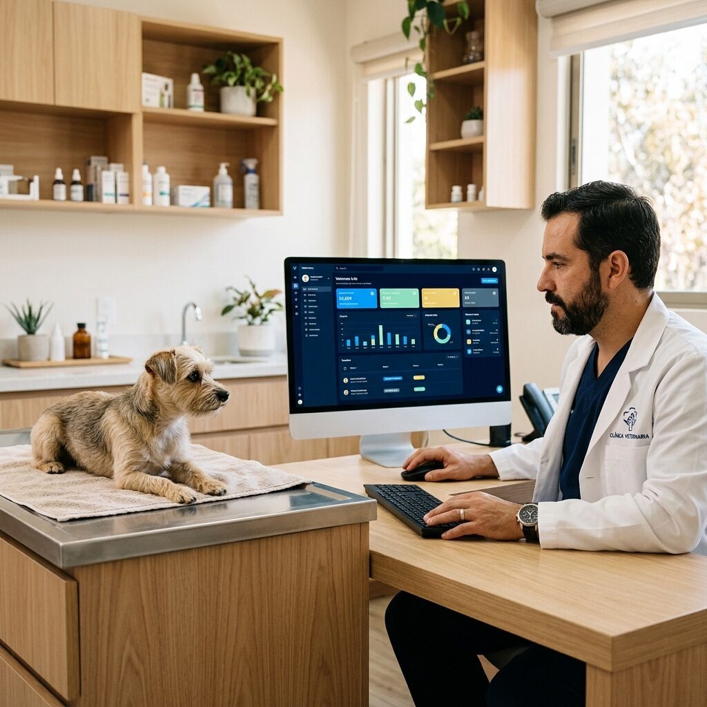 Médico veterinario en consulta, con el estante de medicamentos de la clínica al fondo.