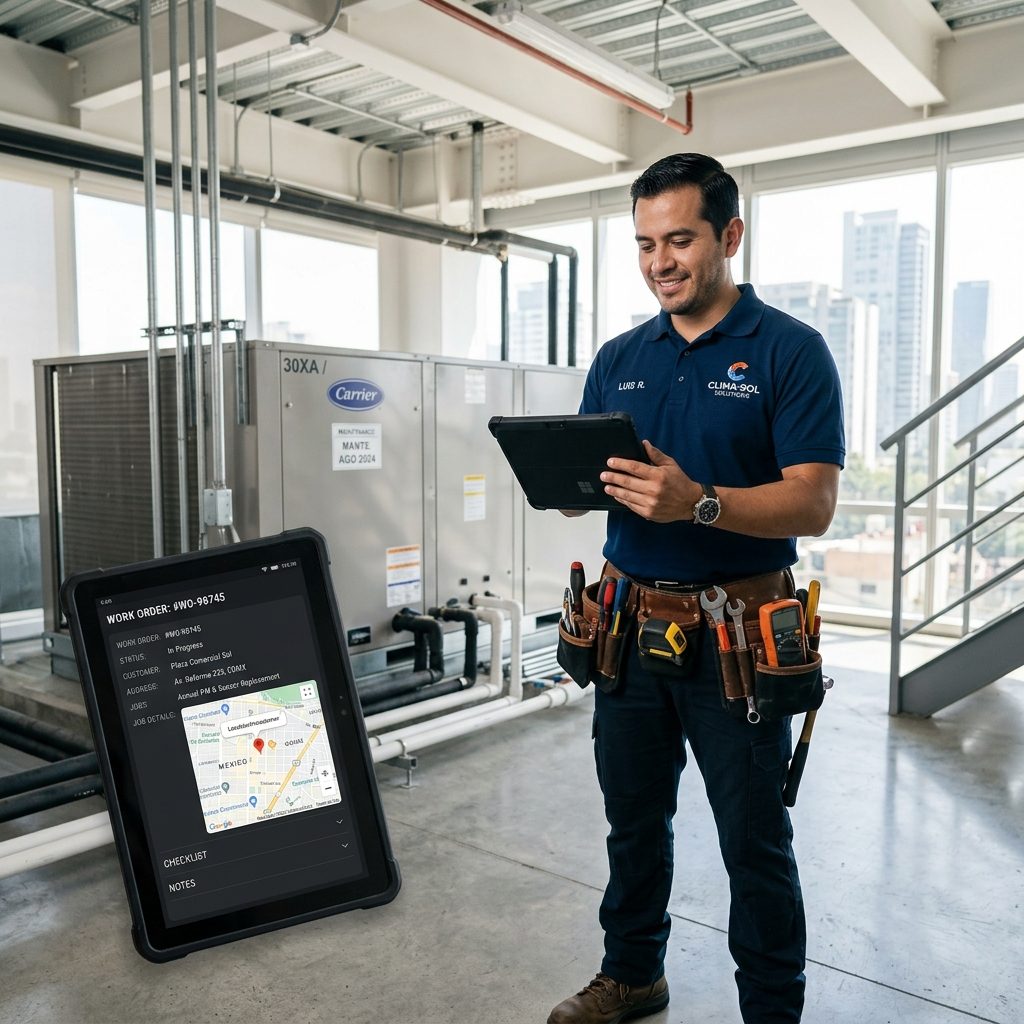 Técnico en campo revisando una orden de trabajo en tablet junto al equipo que va a dar servicio.