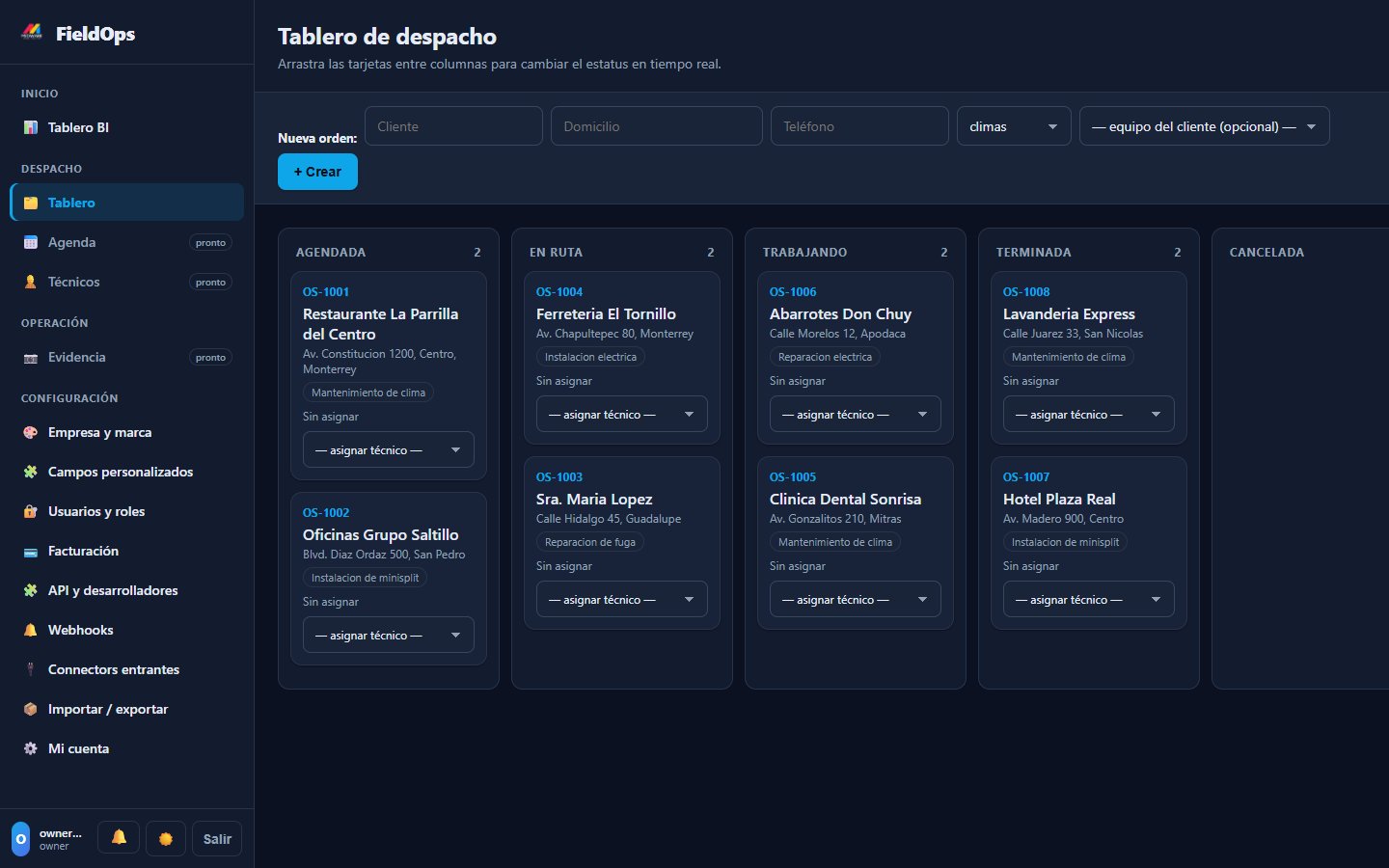 Tablero de despacho de Medware FieldOps con órdenes de servicio por estatus