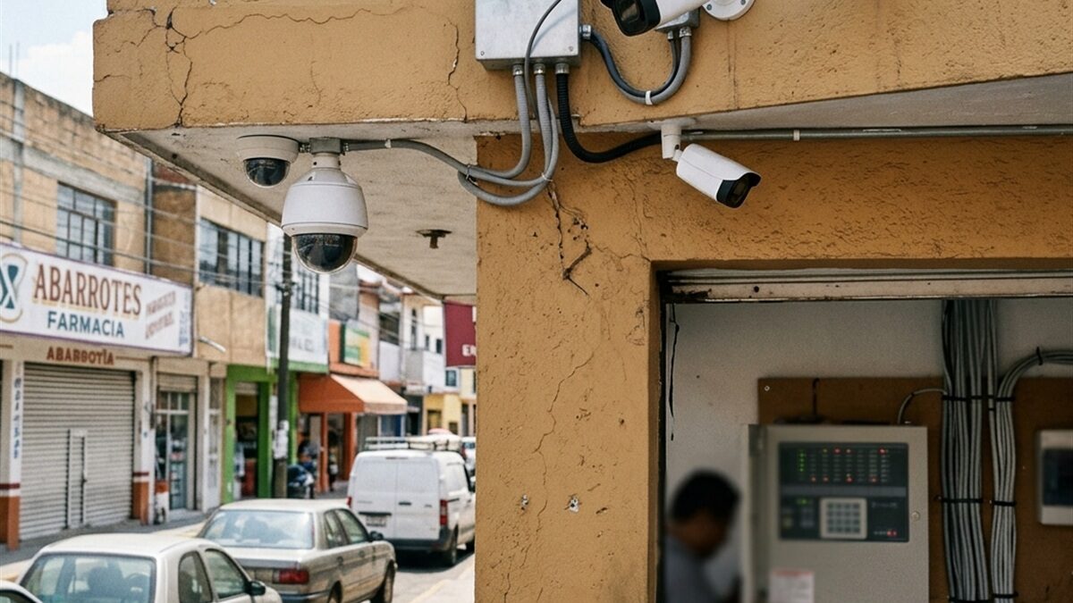 Técnico instalando una cámara de videovigilancia en la fachada de un negocio.